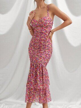 Multicolor Boho Women's Ditsy Floral Mesh Midi Dress